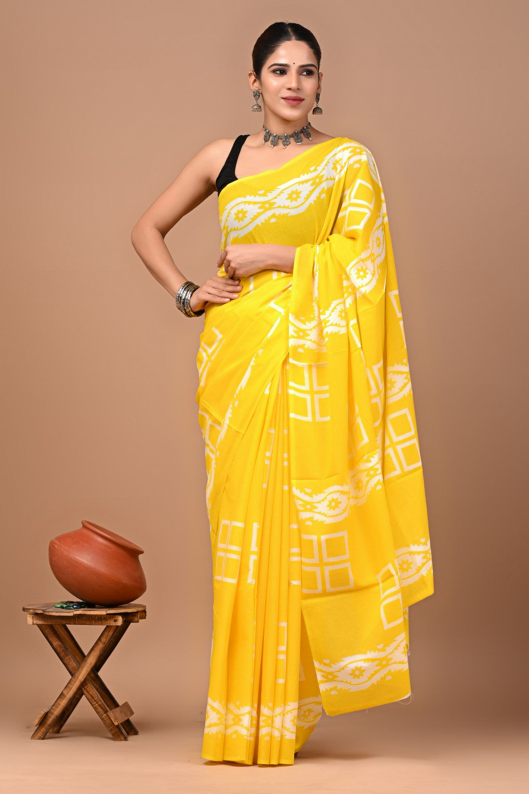 Buy Yellow Jaipuri Block Print Mul Cotton Saree Online