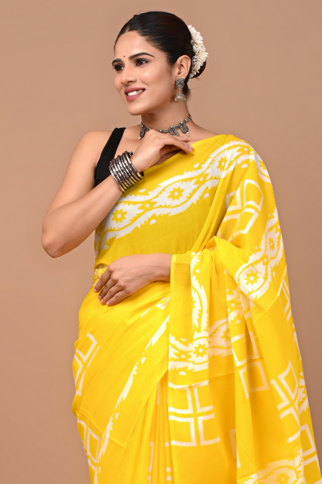 Buy Yellow Jaipuri Block Print Mul Cotton Saree Online