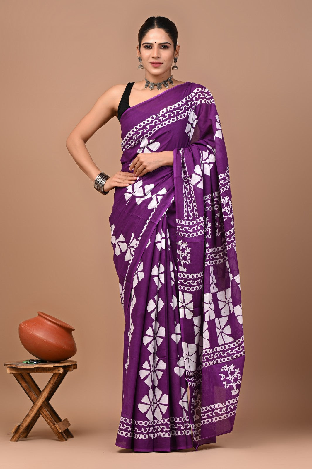 Buy Wine Sanganeri Block Print Mul Cotton Saree Online