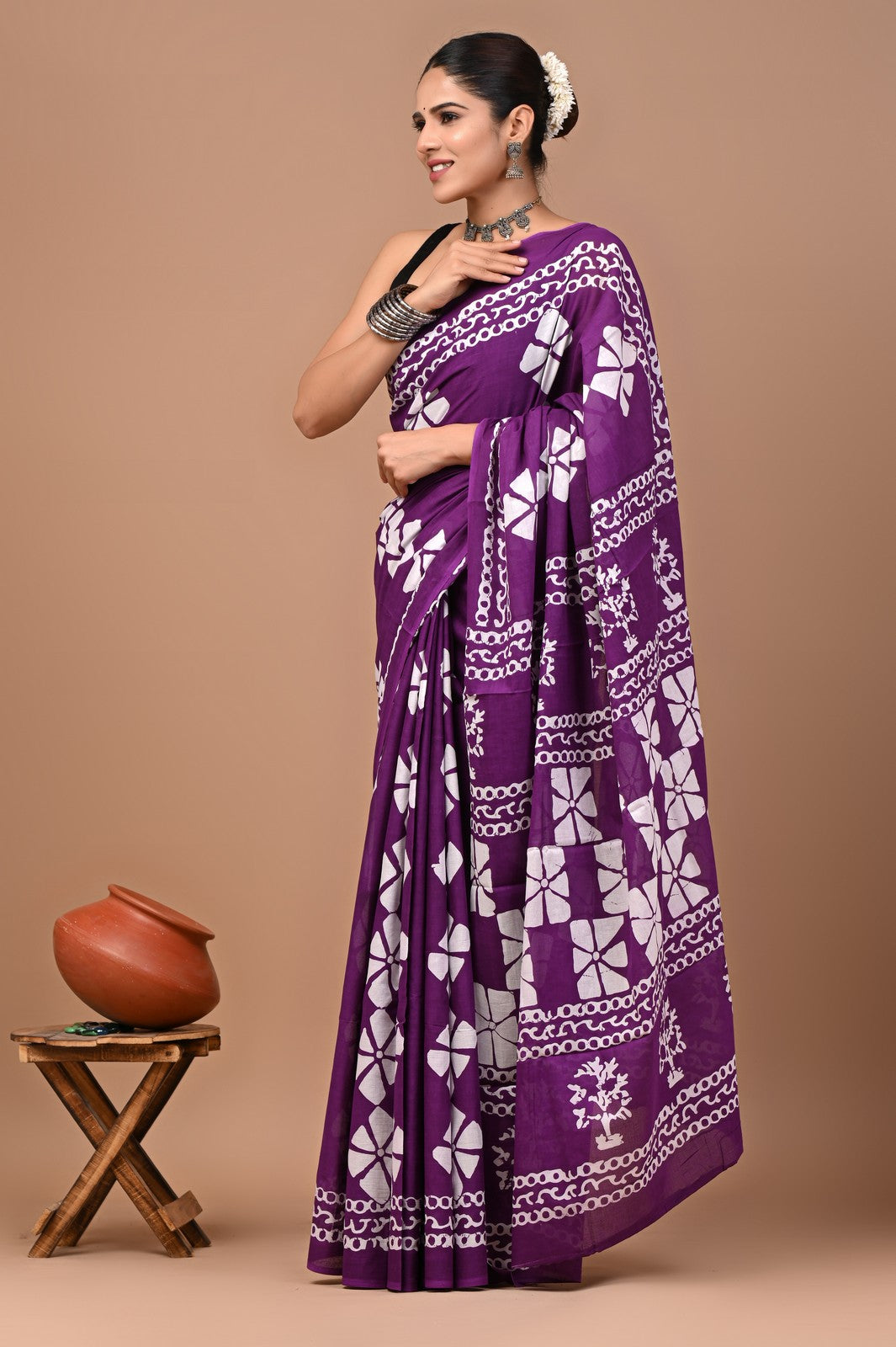 Buy Wine Sanganeri Block Print Mul Cotton Saree Online