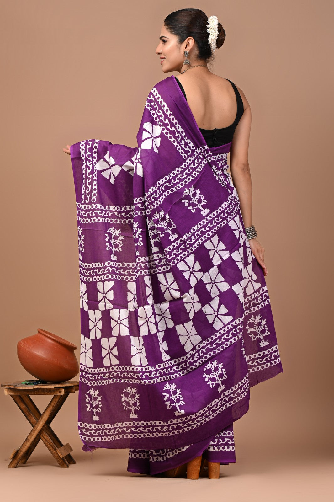 Buy Wine Sanganeri Block Print Mul Cotton Saree Online