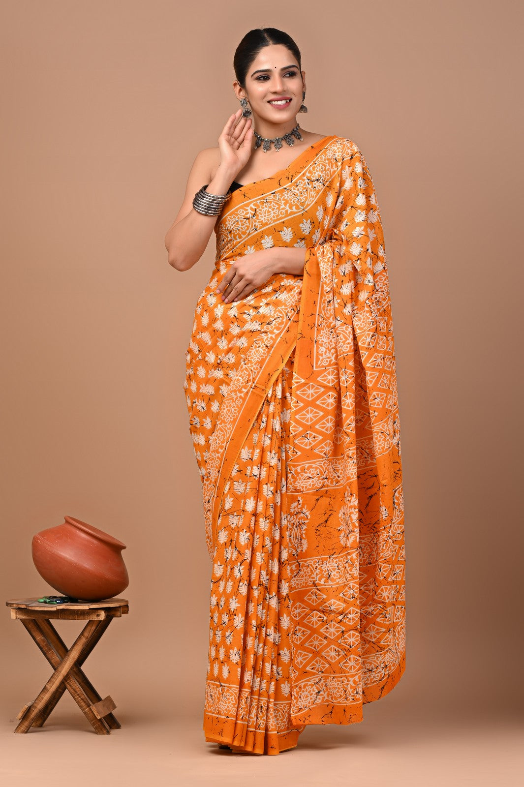 Buy Mustard Bagru Block Print Cotton Saree Online