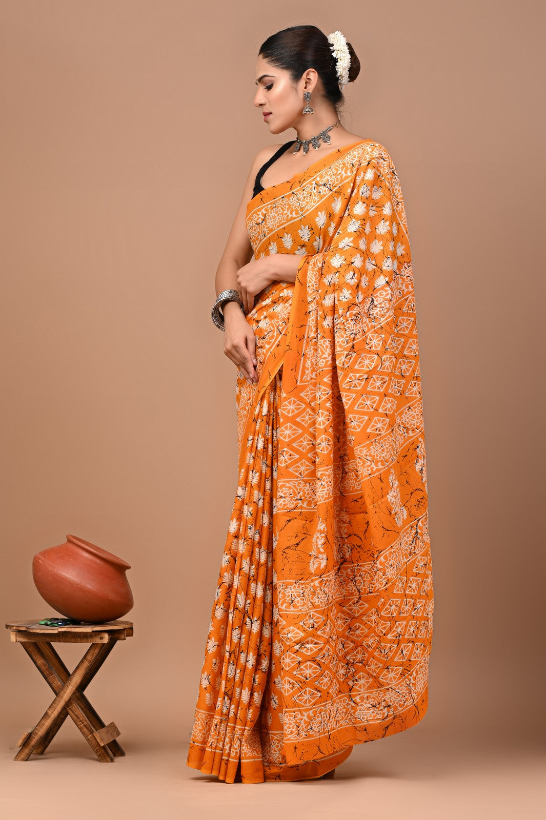 Buy Mustard Bagru Block Print Cotton Saree Online