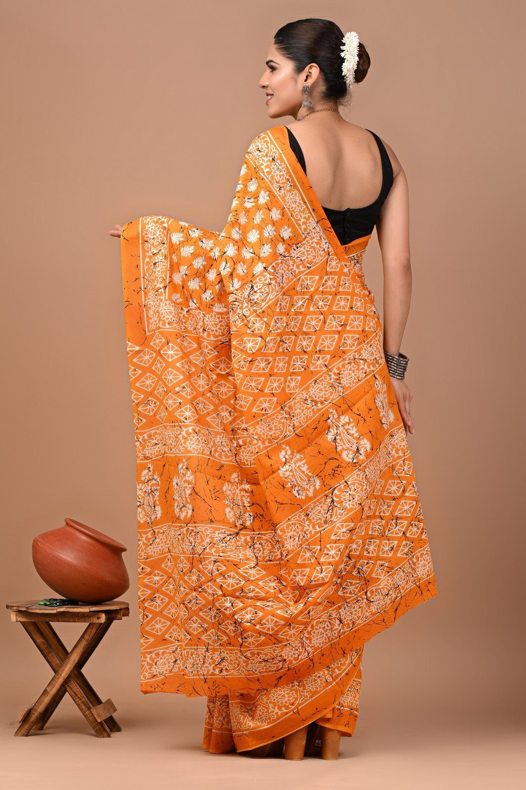 Buy Mustard Bagru Block Print Cotton Saree Online