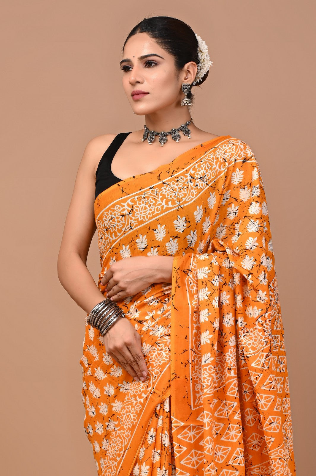 Buy Mustard Bagru Block Print Cotton Saree Online