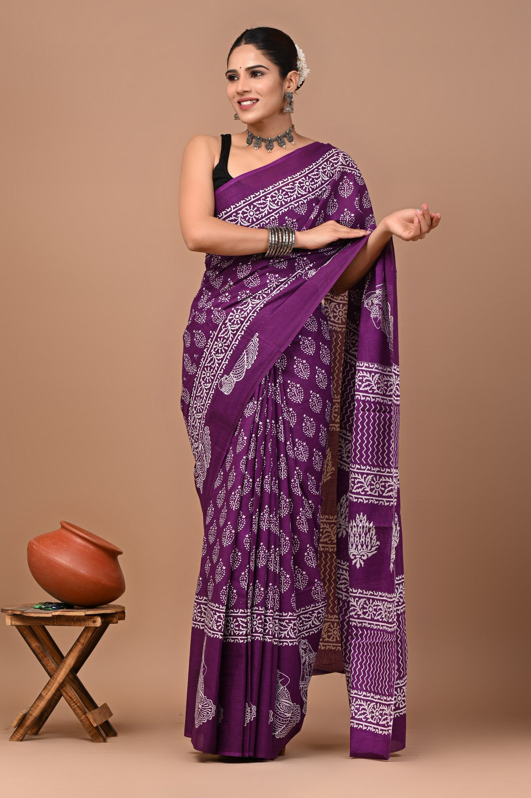 Buy Wine Bagru Block Print Mul Cotton Saree Online
