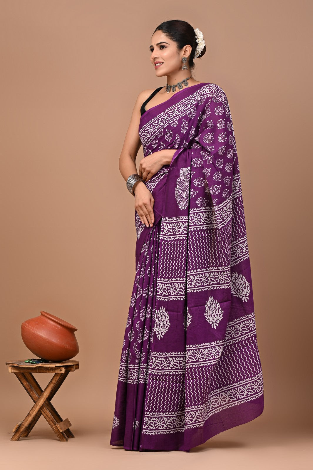 Buy Wine Bagru Block Print Mul Cotton Saree Online