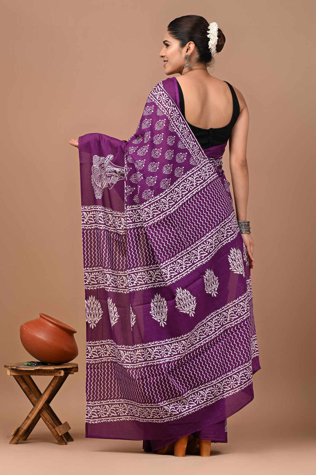Buy Wine Bagru Block Print Mul Cotton Saree Online