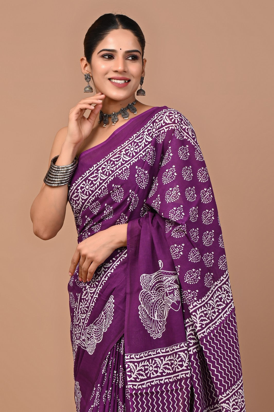 Buy Wine Bagru Block Print Mul Cotton Saree Online