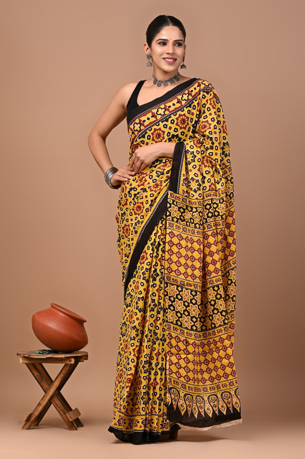 Buy Yellow Bagru Block Print Cotton Saree Online