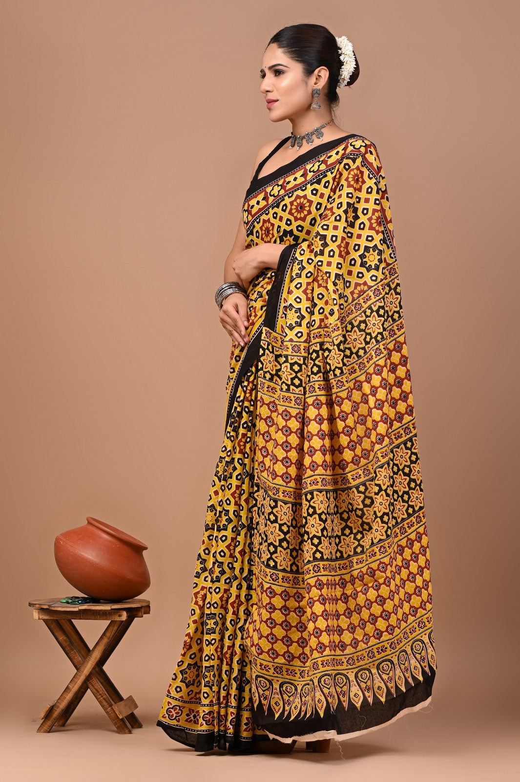 Buy Yellow Bagru Block Print Cotton Saree Online