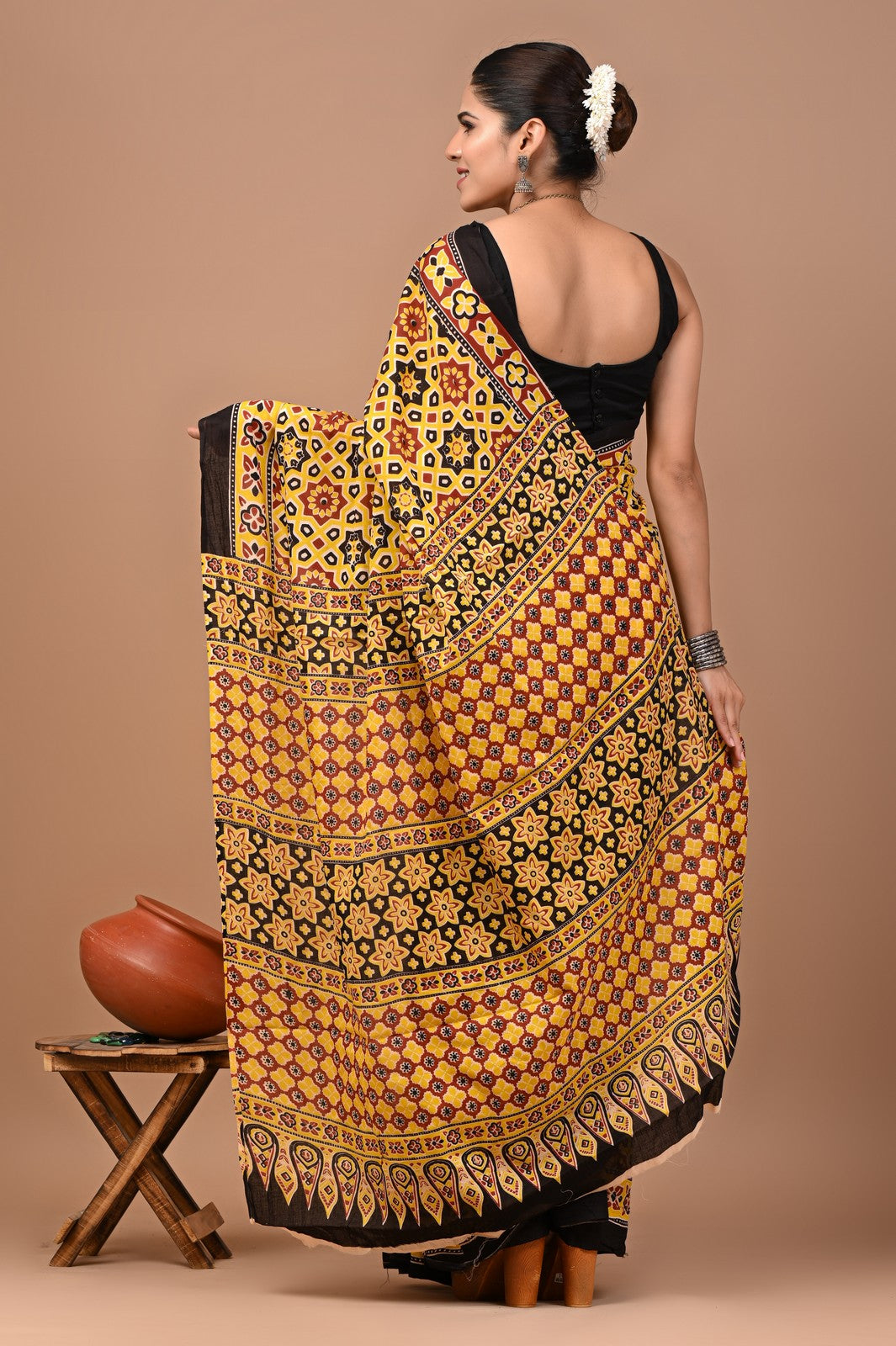 Buy Yellow Bagru Block Print Cotton Saree Online