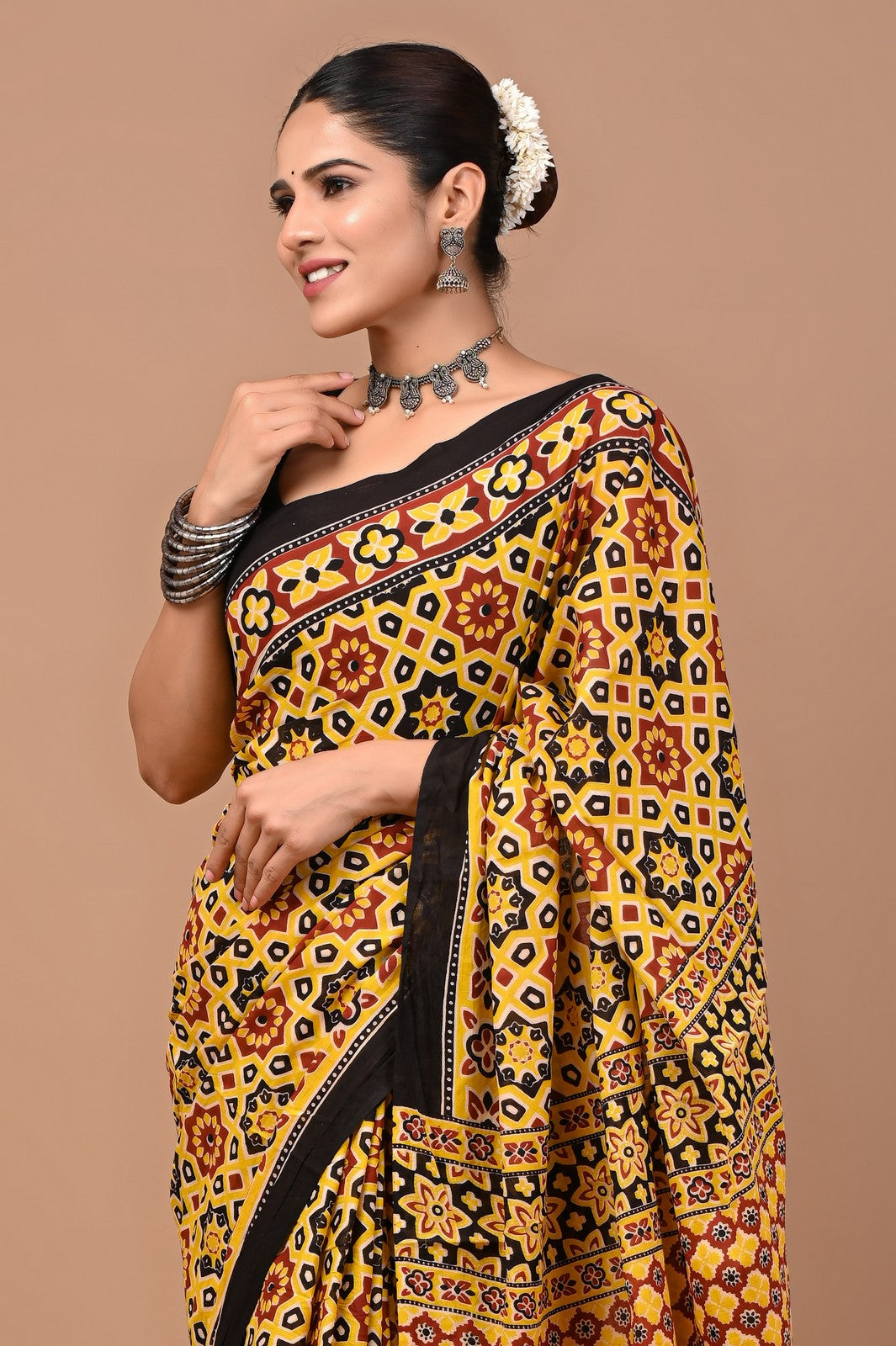 Buy Yellow Bagru Block Print Cotton Saree Online