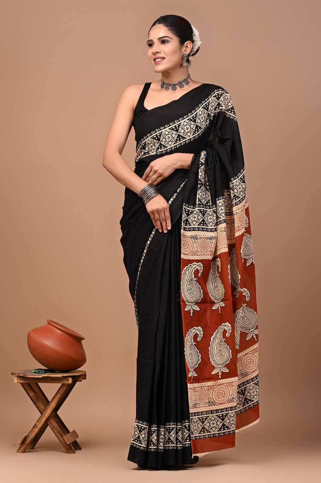 Buy Black Bagru Block Print Mul Cotton Saree Online Shopping