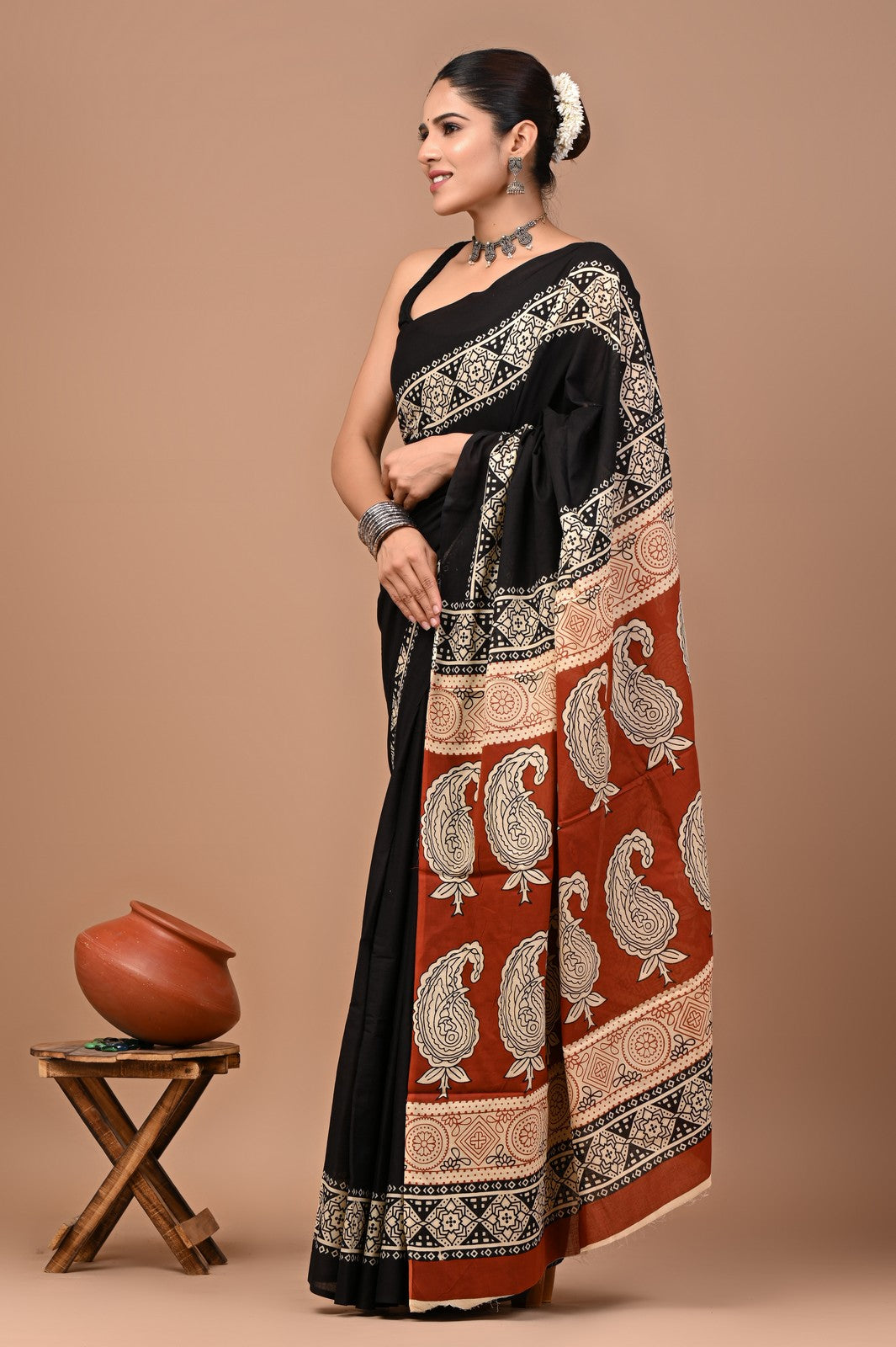 Buy Black Bagru Block Print Mul Cotton Saree Online Shopping