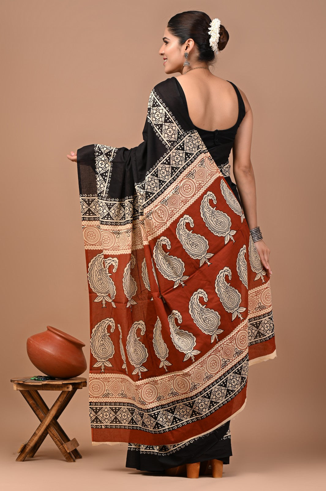 Buy Black Bagru Block Print Mul Cotton Saree Online Shopping