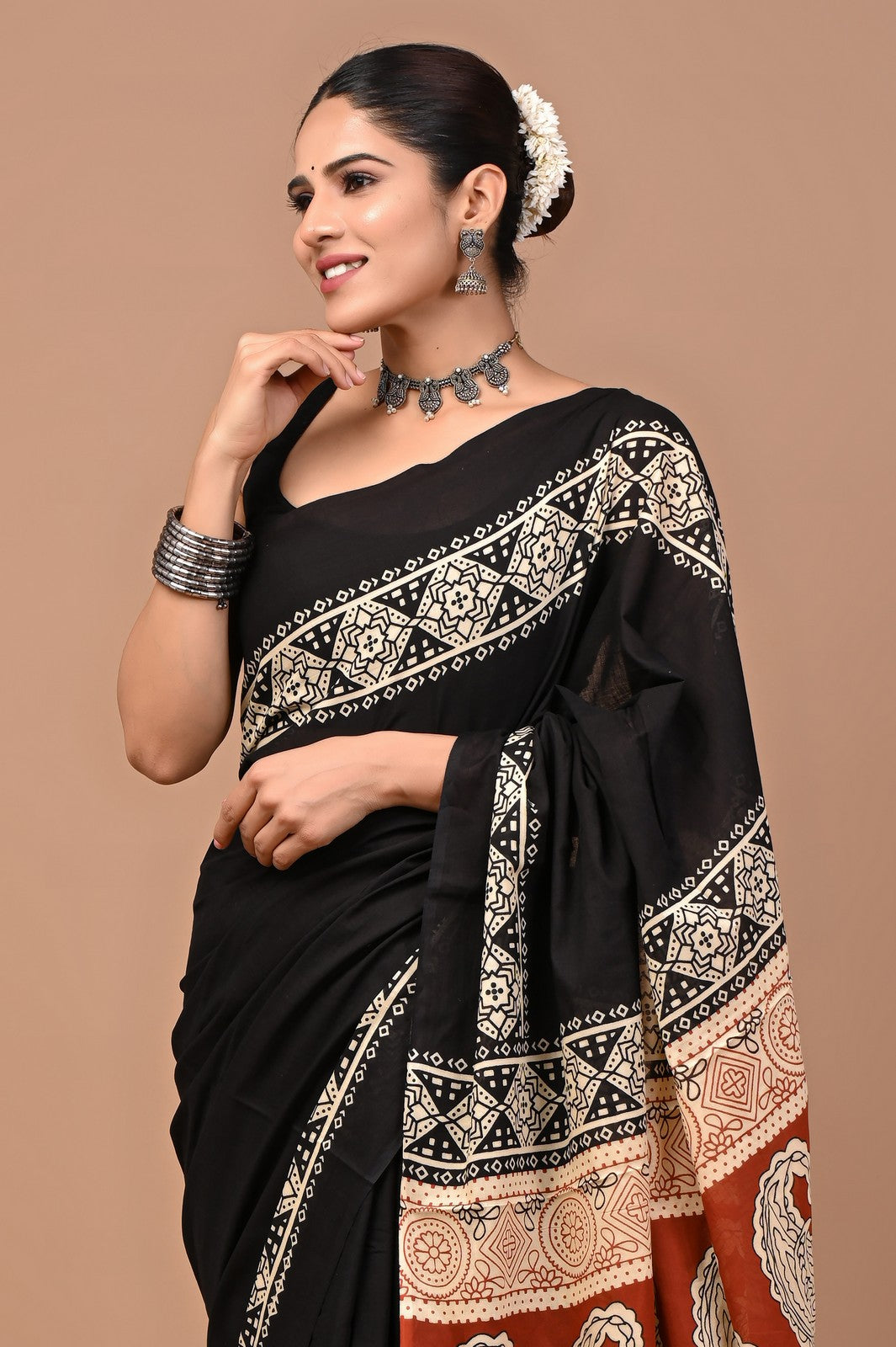 Buy Black Bagru Block Print Mul Cotton Saree Online Shopping