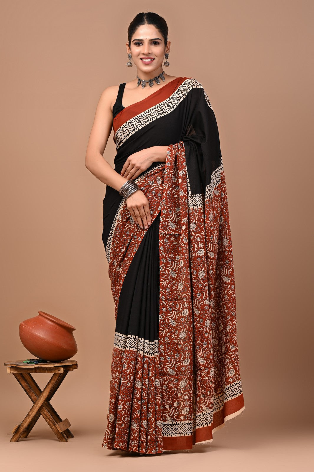 Buy Black Ajrak Bagru Block Print Mul Cotton Saree Online