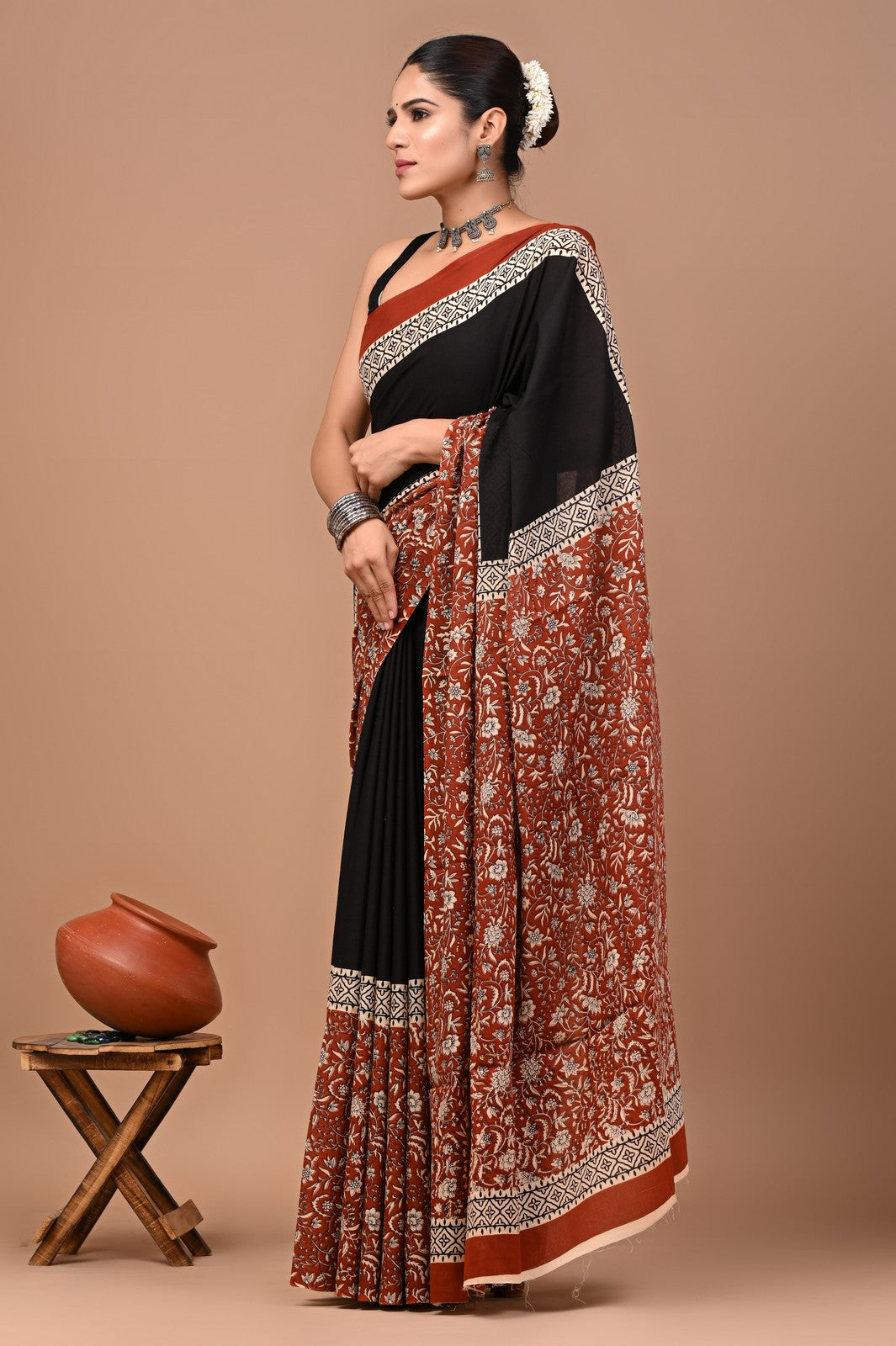Buy Black Ajrak Bagru Block Print Mul Cotton Saree Online