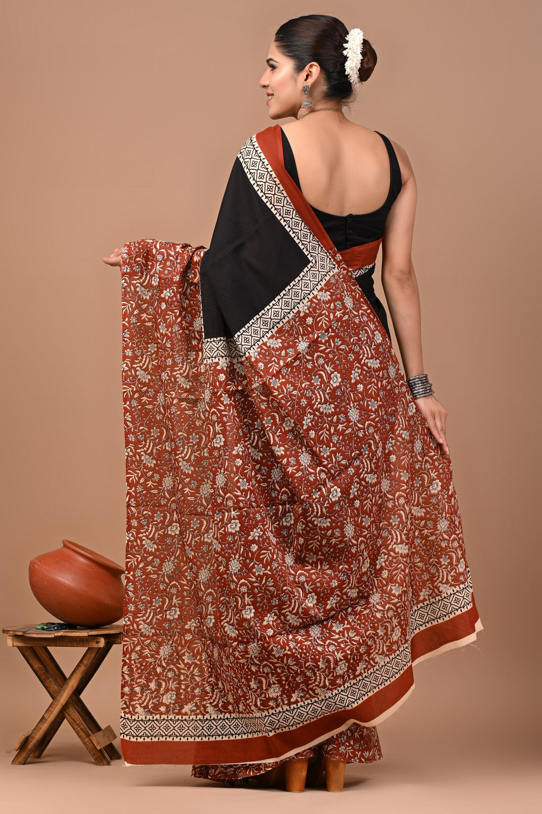 Buy Black Ajrak Bagru Block Print Mul Cotton Saree Online
