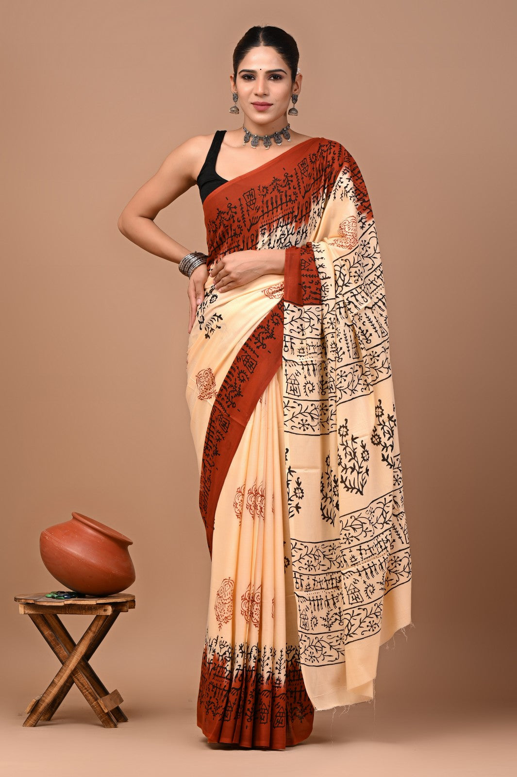 Buy Beige Sanganeri Block Print Mul Cotton Saree Online