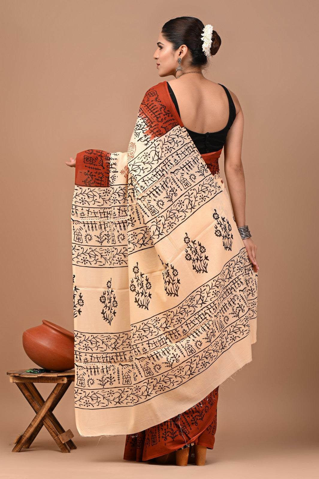 Buy Beige Sanganeri Block Print Mul Cotton Saree Online