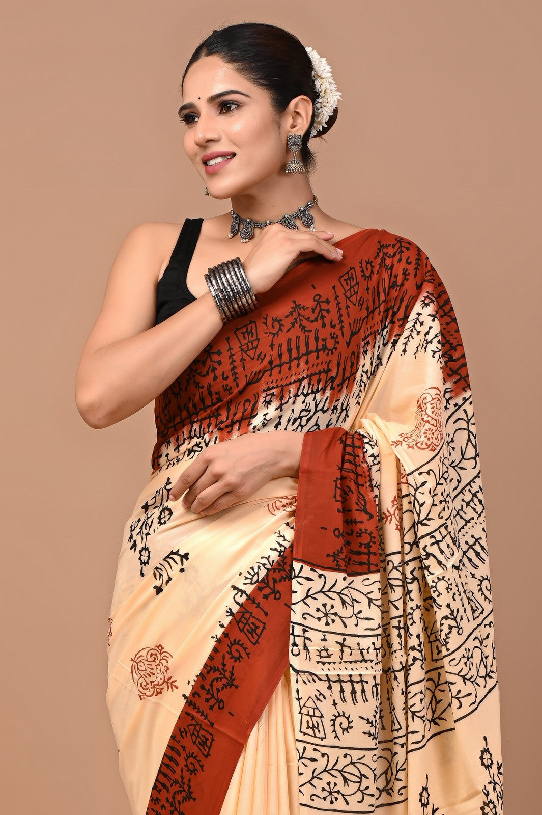 Buy Beige Sanganeri Block Print Mul Cotton Saree Online