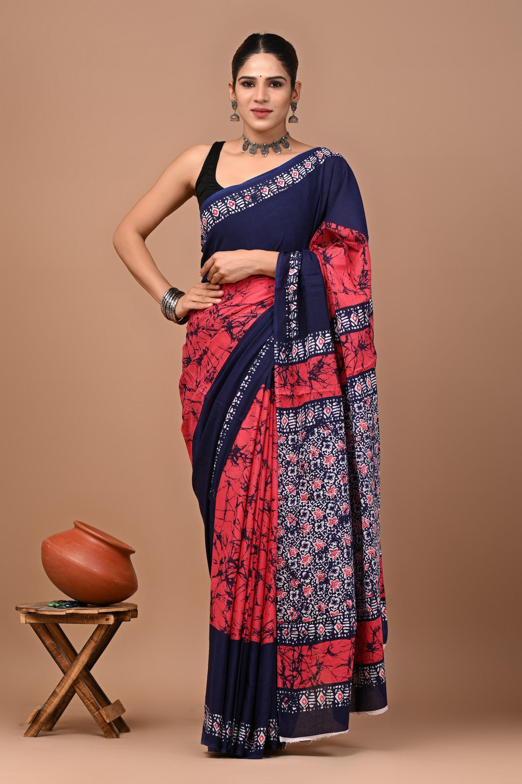 Buy Punch Pink Sanganeri Block Print Mul Cotton Saree Online