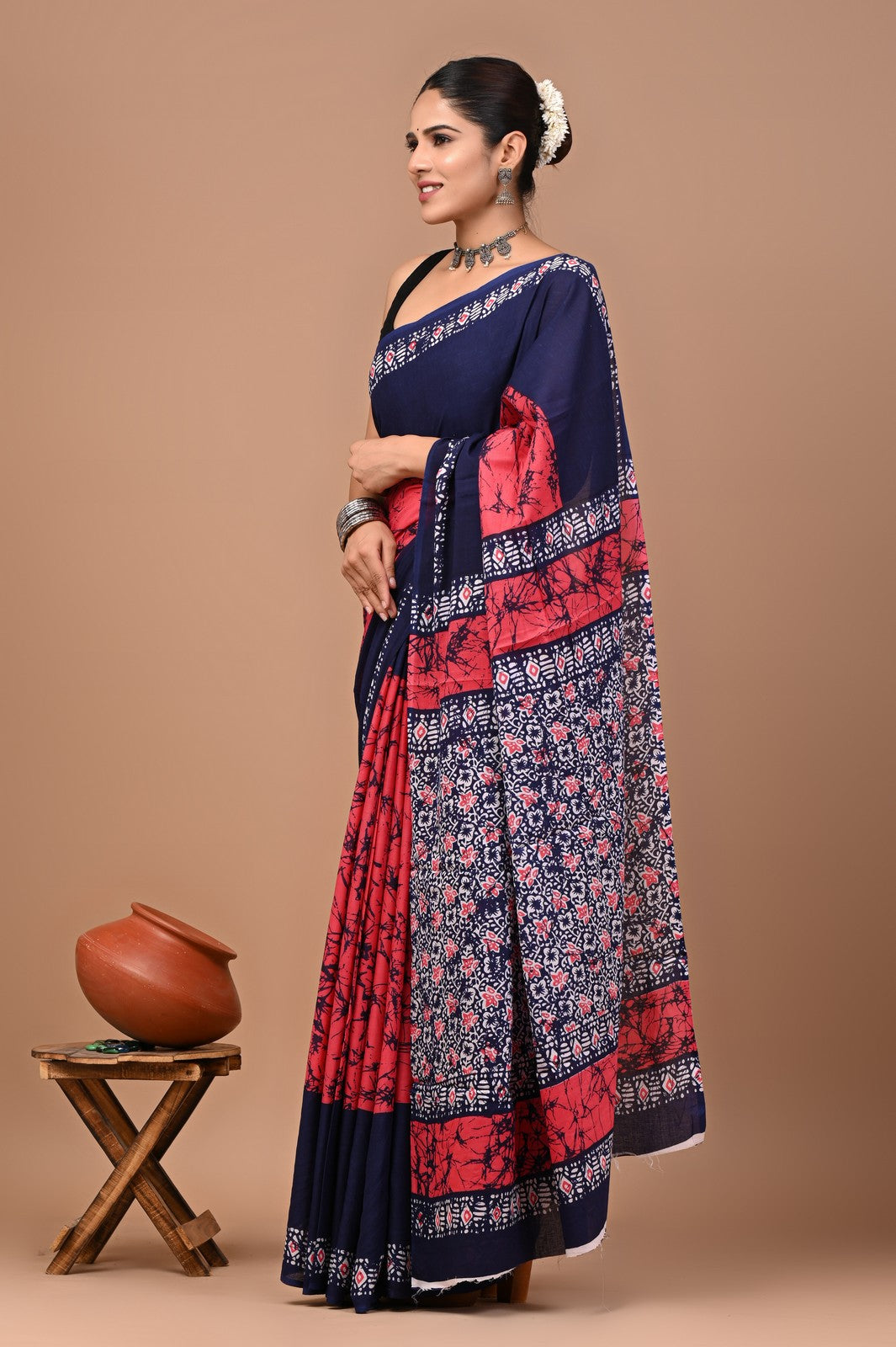 Buy Punch Pink Sanganeri Block Print Mul Cotton Saree Online