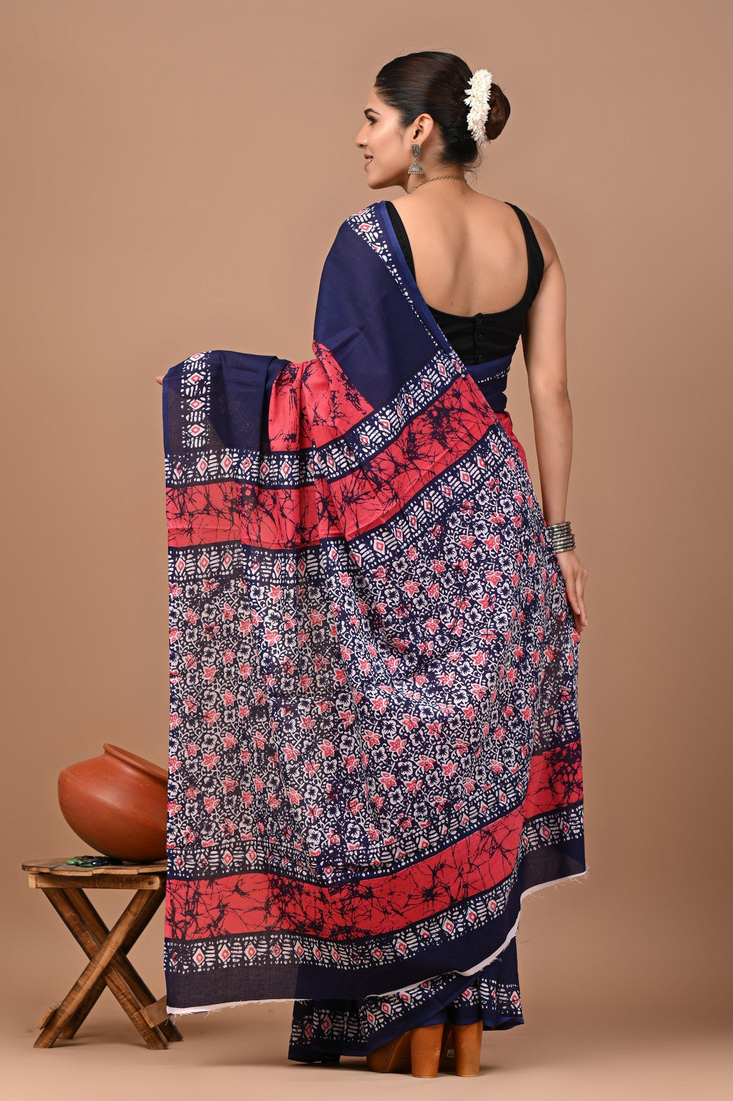 Buy Punch Pink Sanganeri Block Print Mul Cotton Saree Online