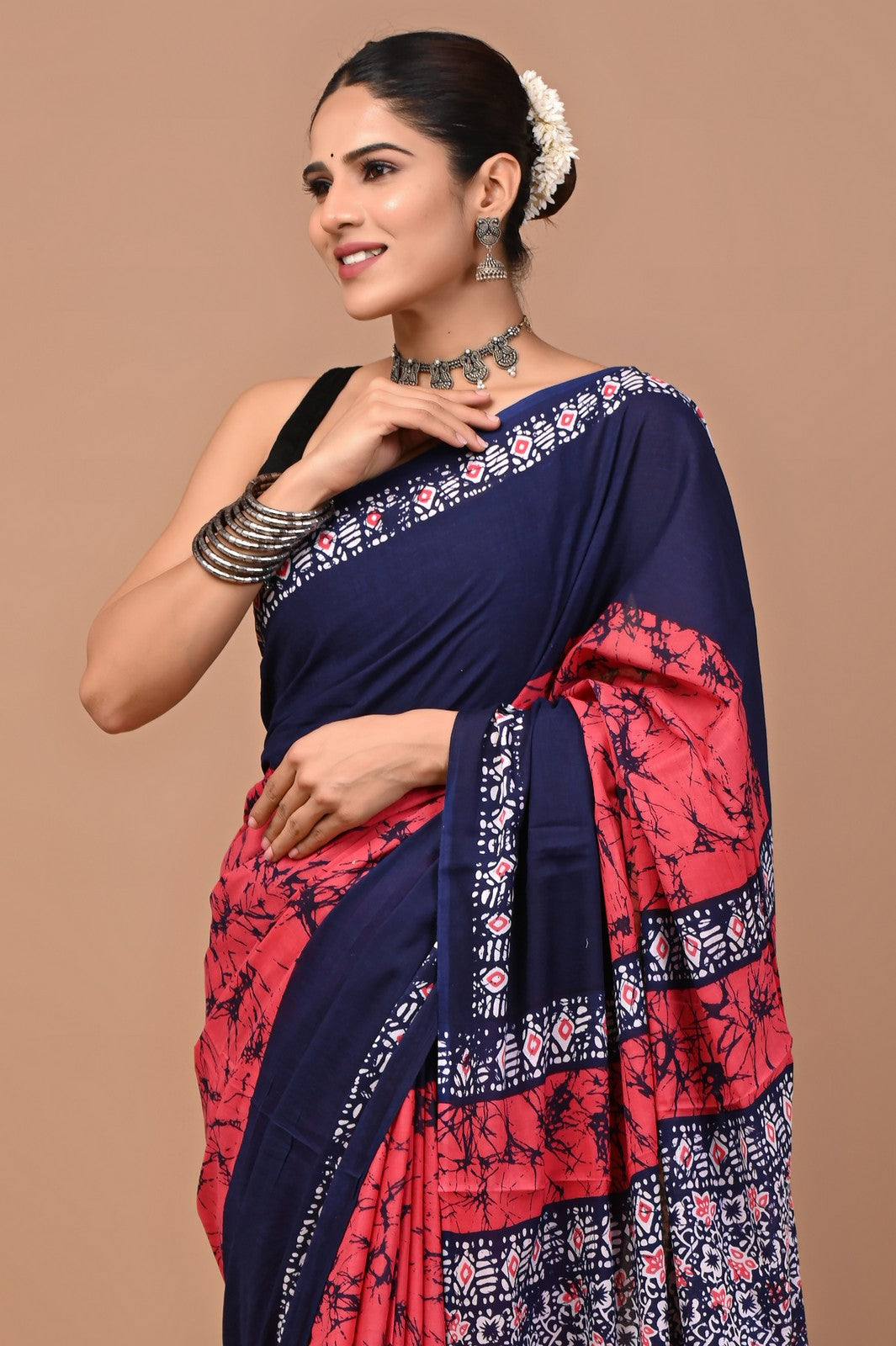 Buy Punch Pink Sanganeri Block Print Mul Cotton Saree Online