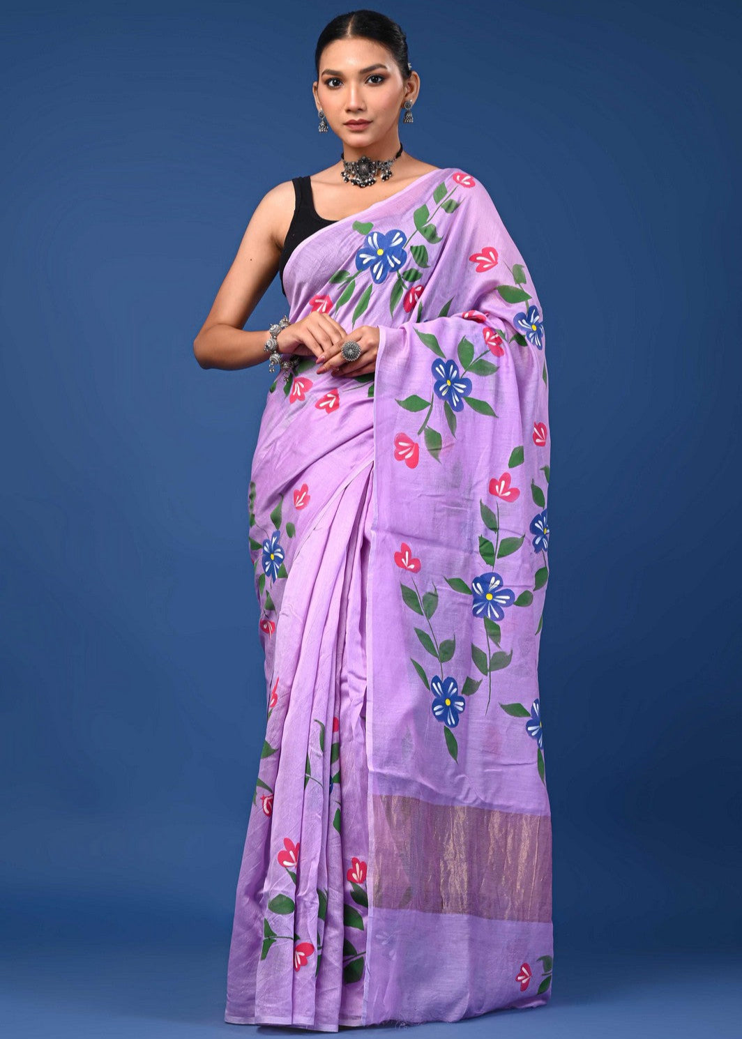 Buy Purple Bagru Hand Painted Mul Cotton Premium Saree Online