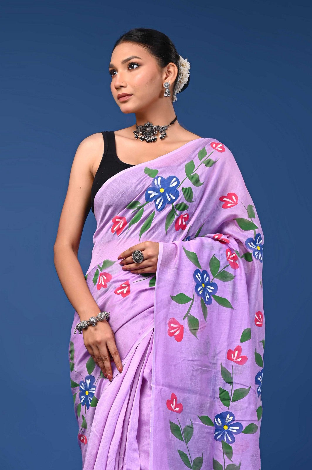 Buy Purple Bagru Hand Painted Mul Cotton Premium Saree Online
