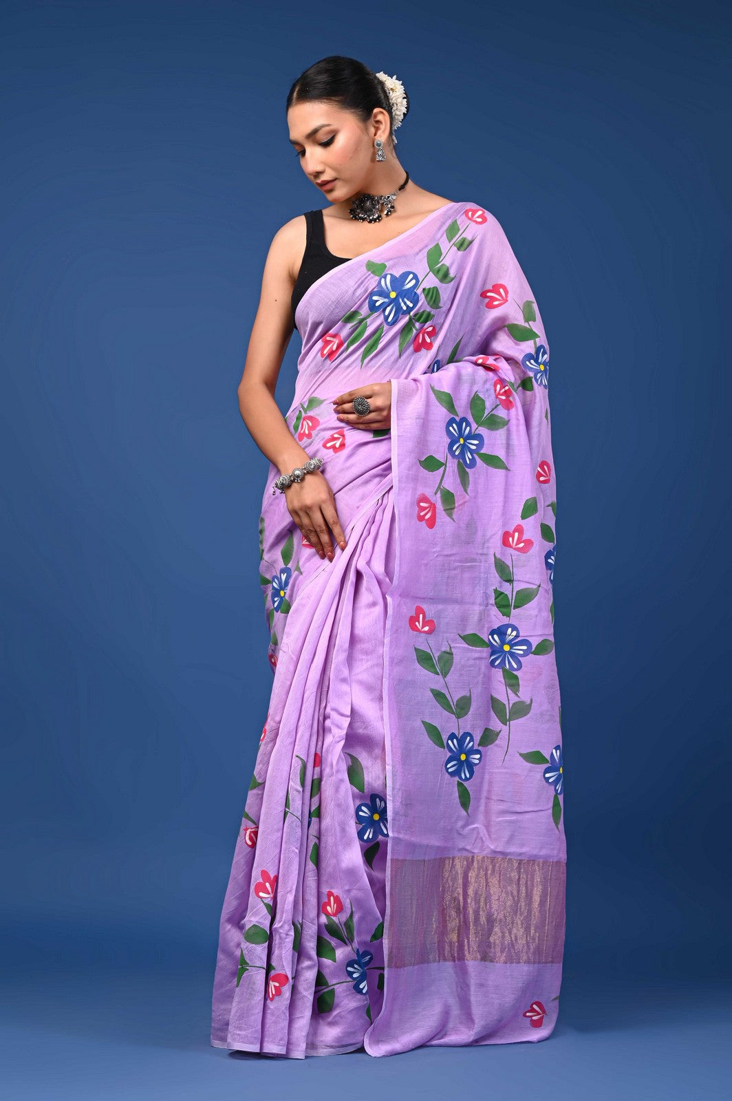 Buy Purple Bagru Hand Painted Mul Cotton Premium Saree Online