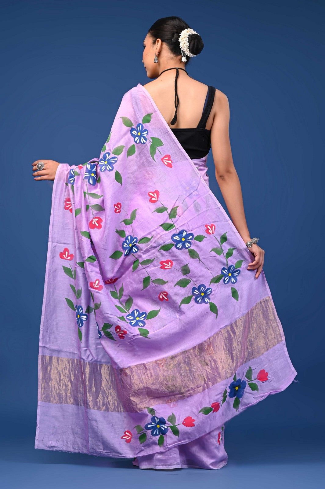 Buy Purple Bagru Hand Painted Mul Cotton Premium Saree Online