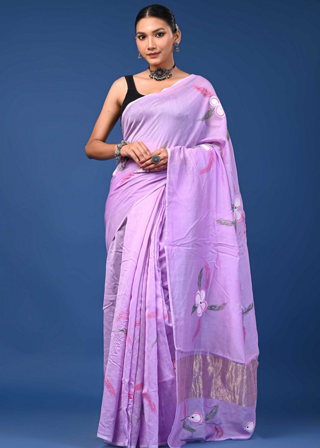 Buy Purple Jaipuri Hand Painted Mul Cotton Premium Saree Online