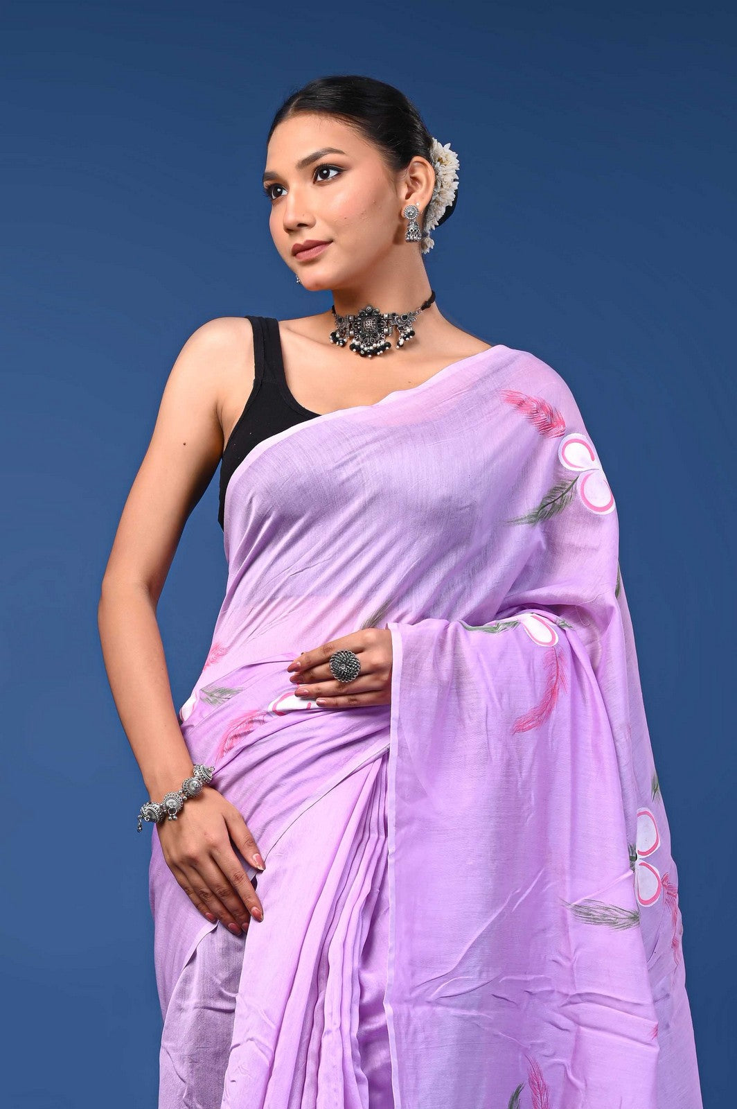 Buy Purple Jaipuri Hand Painted Mul Cotton Premium Saree Online