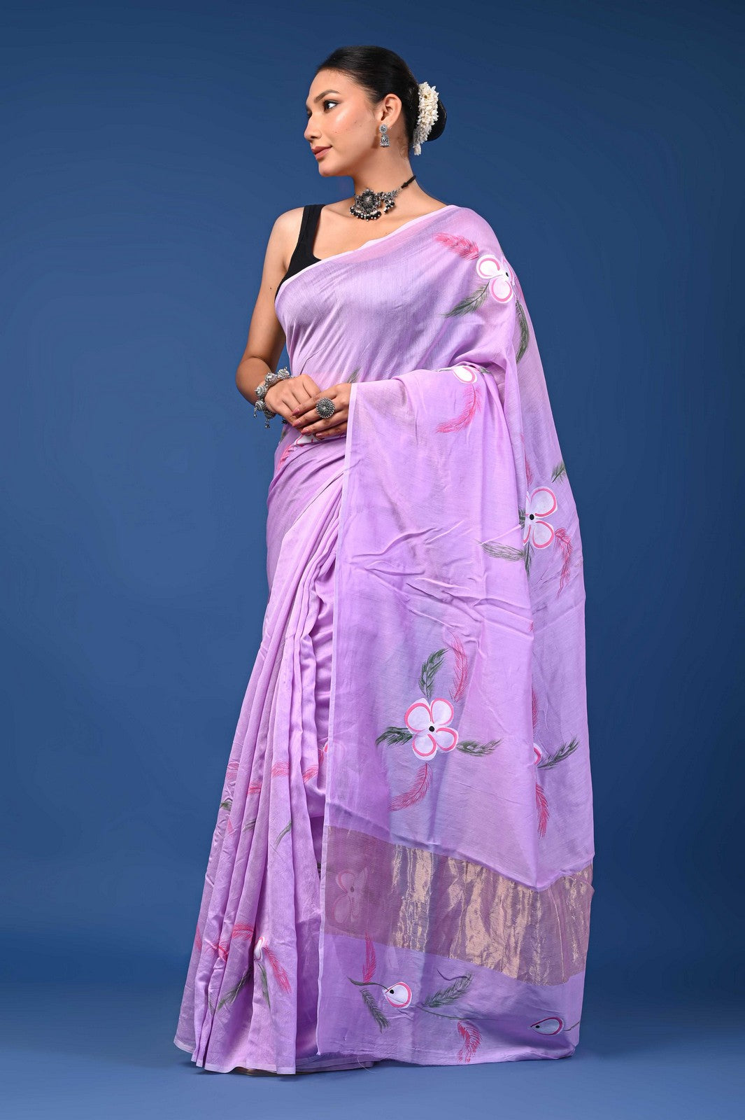 Buy Purple Jaipuri Hand Painted Mul Cotton Premium Saree Online