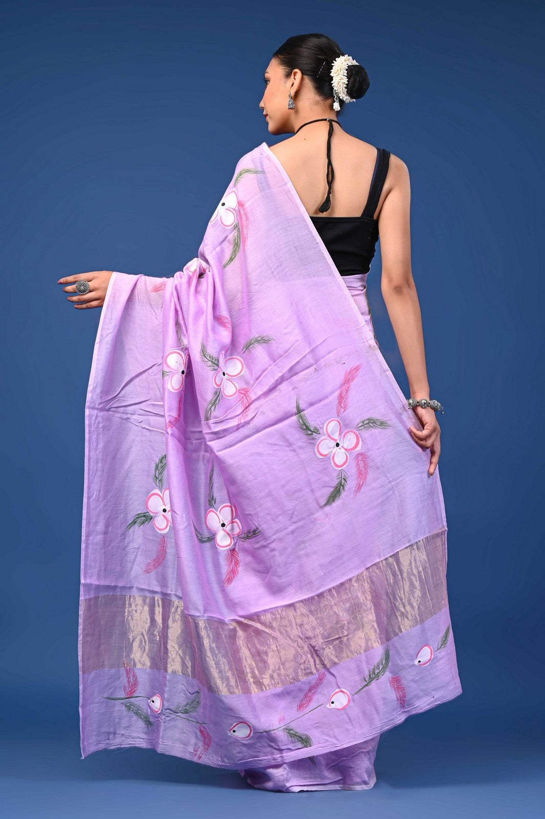 Buy Purple Jaipuri Hand Painted Mul Cotton Premium Saree Online