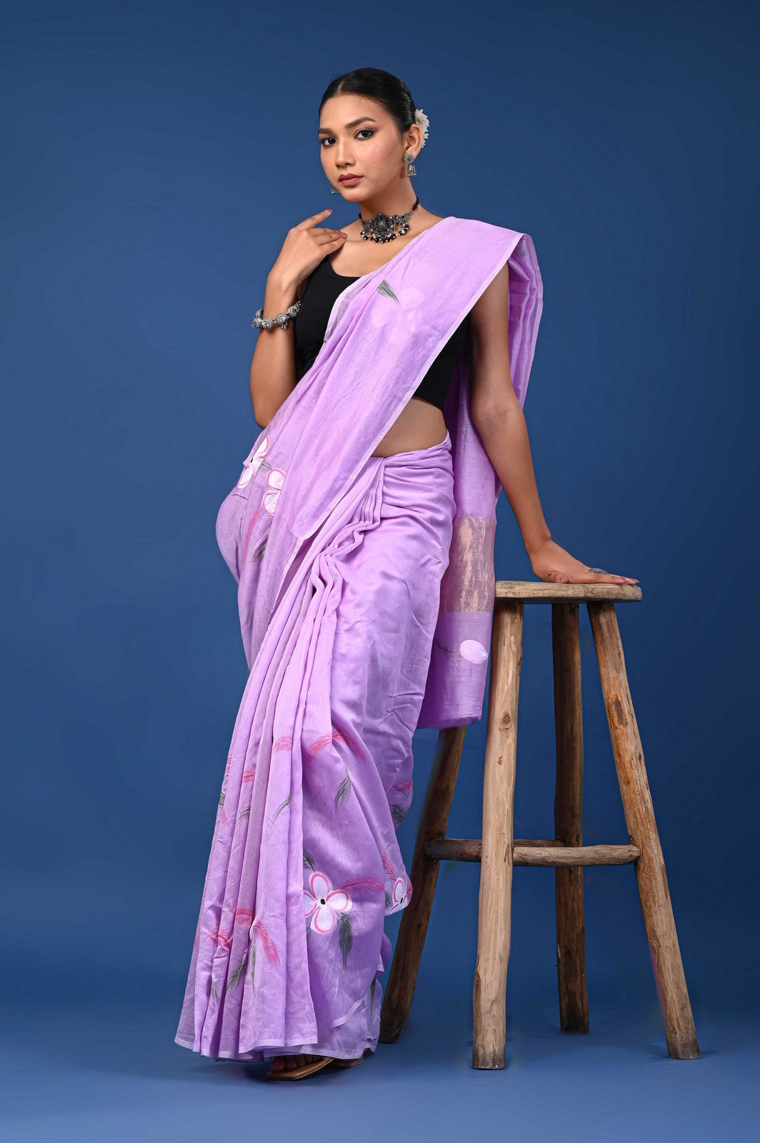 Buy Purple Jaipuri Hand Painted Mul Cotton Premium Saree Online