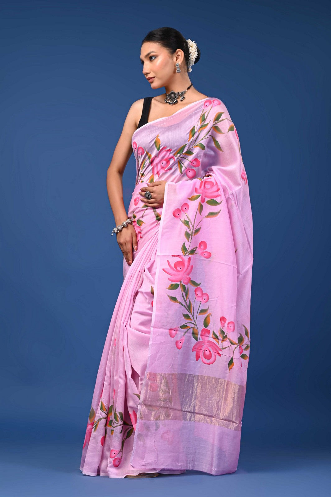 Buy Pink Jaipuri Hand Painted Mul Cotton Premium Saree Online