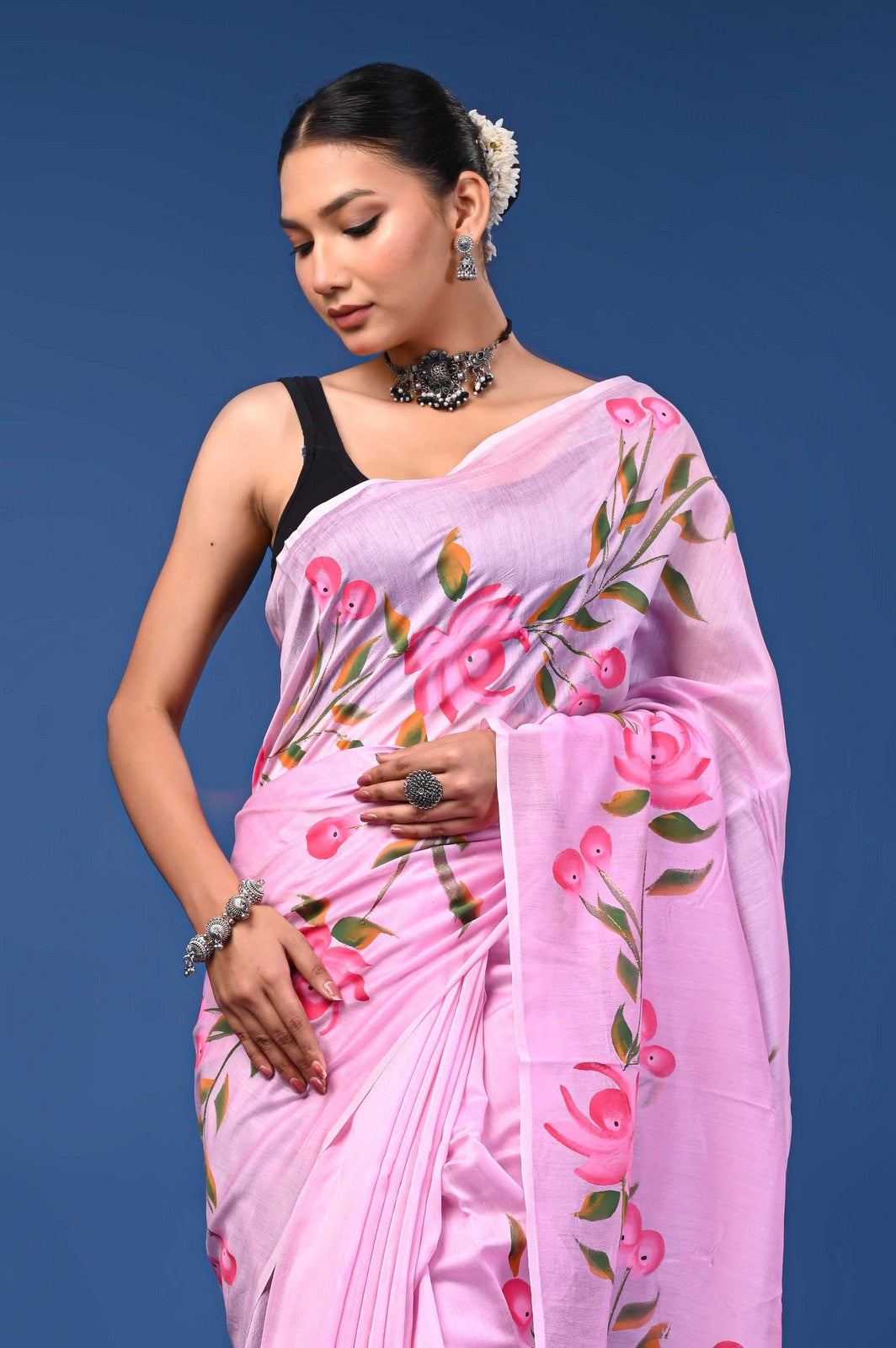 Buy Pink Jaipuri Hand Painted Mul Cotton Premium Saree Online