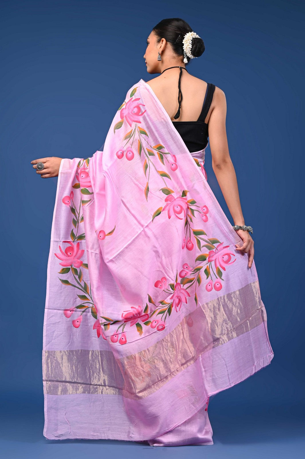 Buy Pink Jaipuri Hand Painted Mul Cotton Premium Saree Online