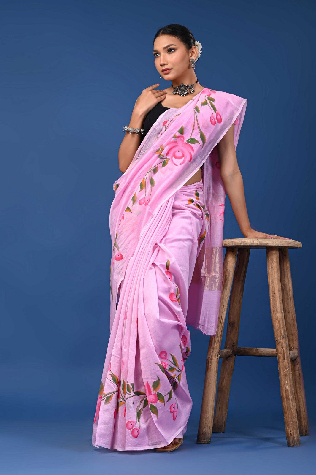Buy Pink Jaipuri Hand Painted Mul Cotton Premium Saree Online