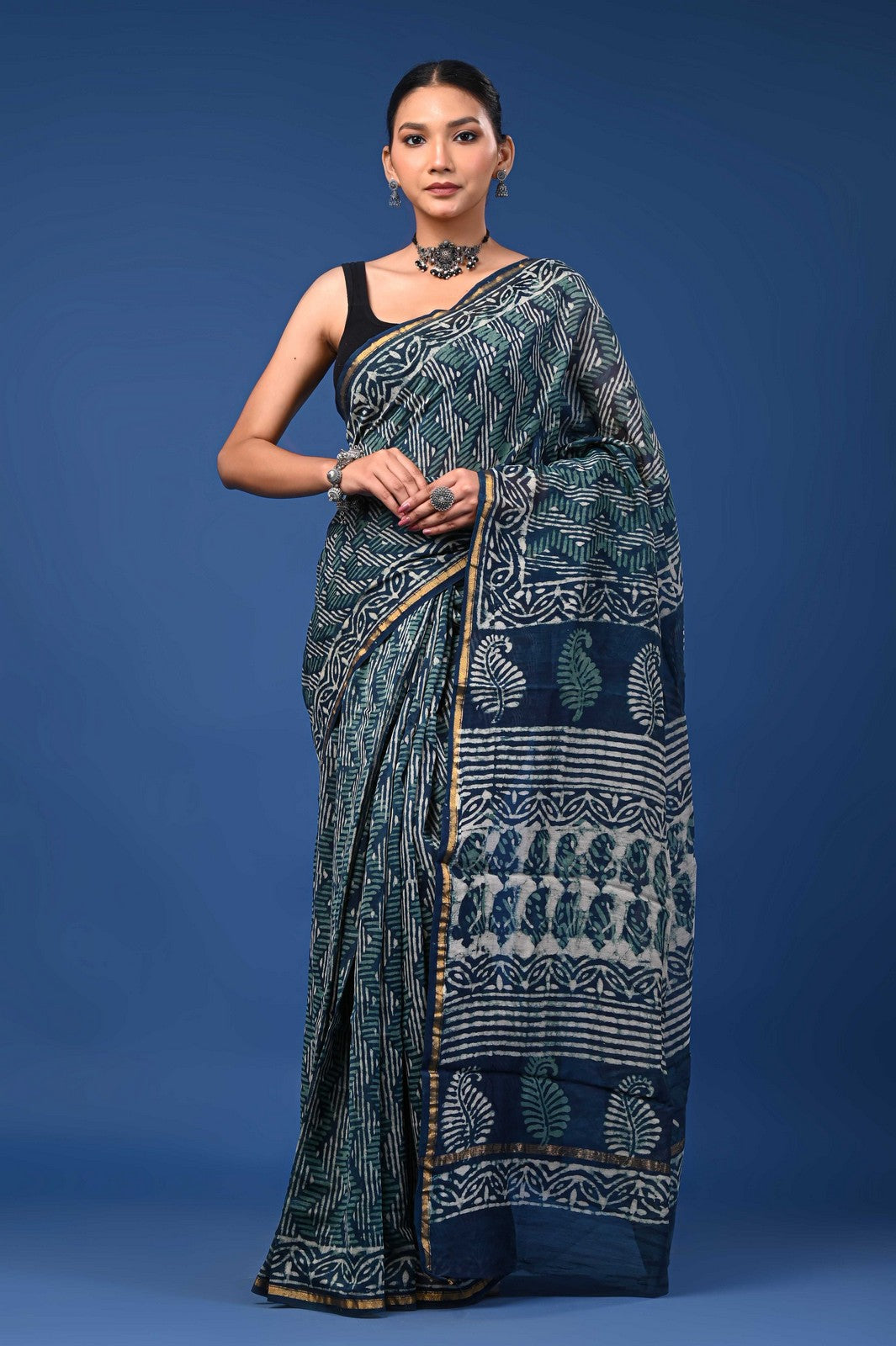 Bagru Hand Block Print Mul Cotton Premium Saree with Zari Border Online