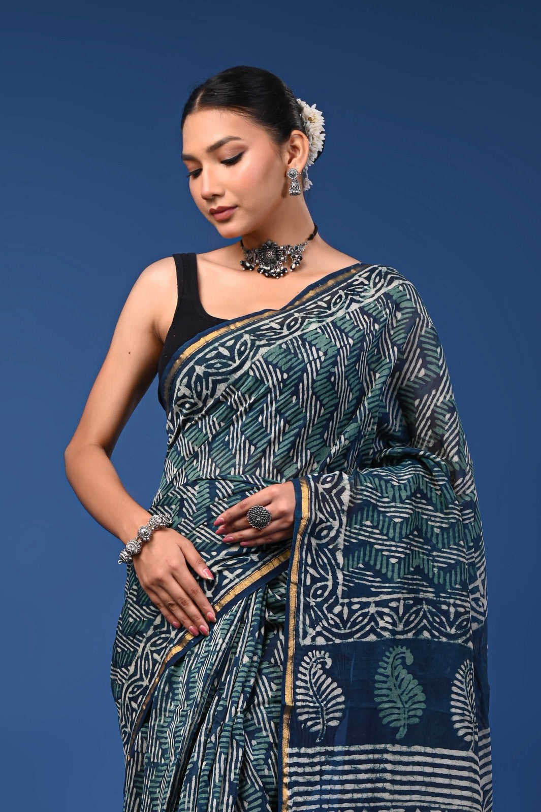 Bagru Hand Block Print Mul Cotton Premium Saree with Zari Border Online