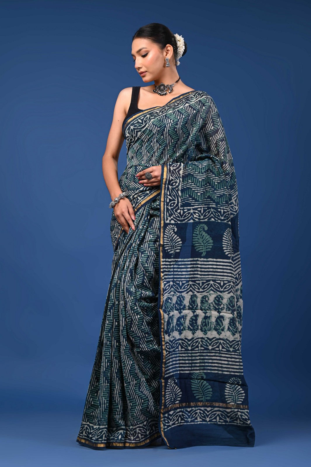 Bagru Hand Block Print Mul Cotton Premium Saree with Zari Border Online