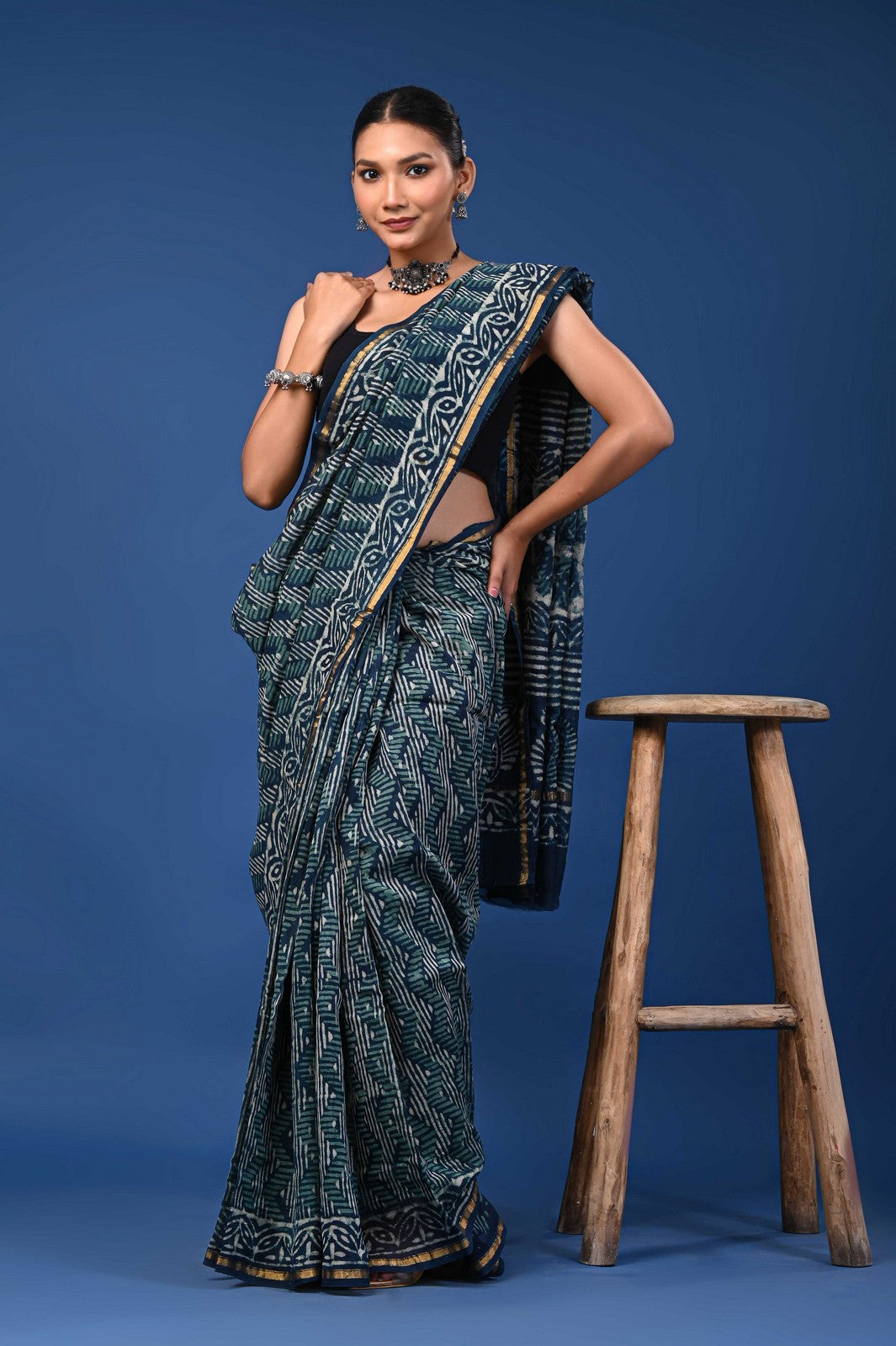 Bagru Hand Block Print Mul Cotton Premium Saree with Zari Border Online