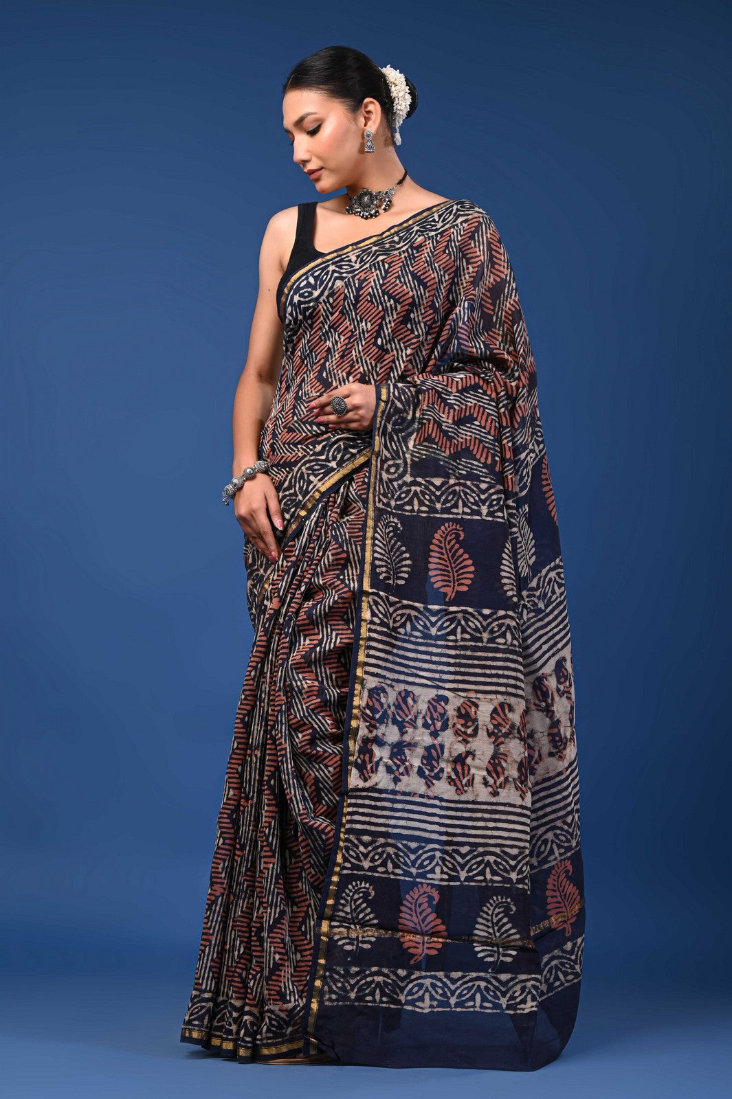 Bagru Hand Block Print Mul Cotton Premium Saree with Zari Border
