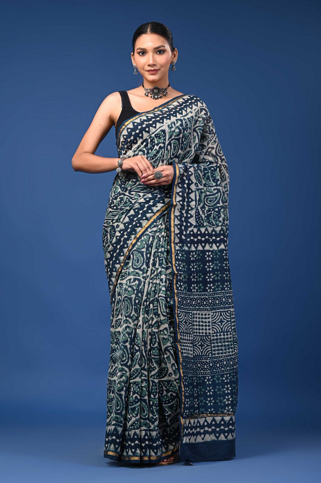 Bagru Hand Block Print Mul Cotton Saree with Zari Border